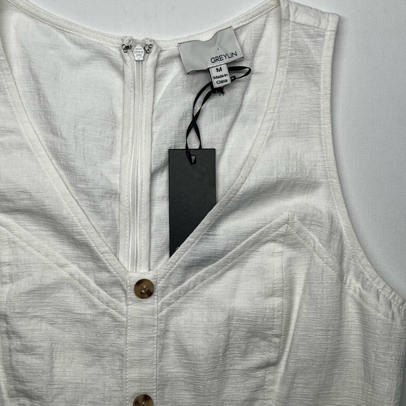 {Greylin} Tank Top V-Neck Front Button Cotton Linen A-Line Shift Mini Dress - Picture 4 of 6